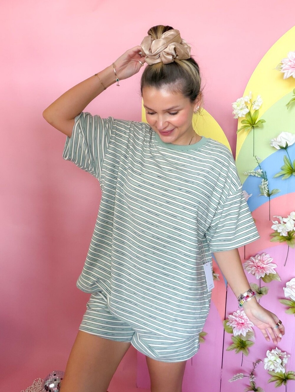 Things Between Plush Striped Lounge Set L Sage Green Short Short Sleeve Co-Ord